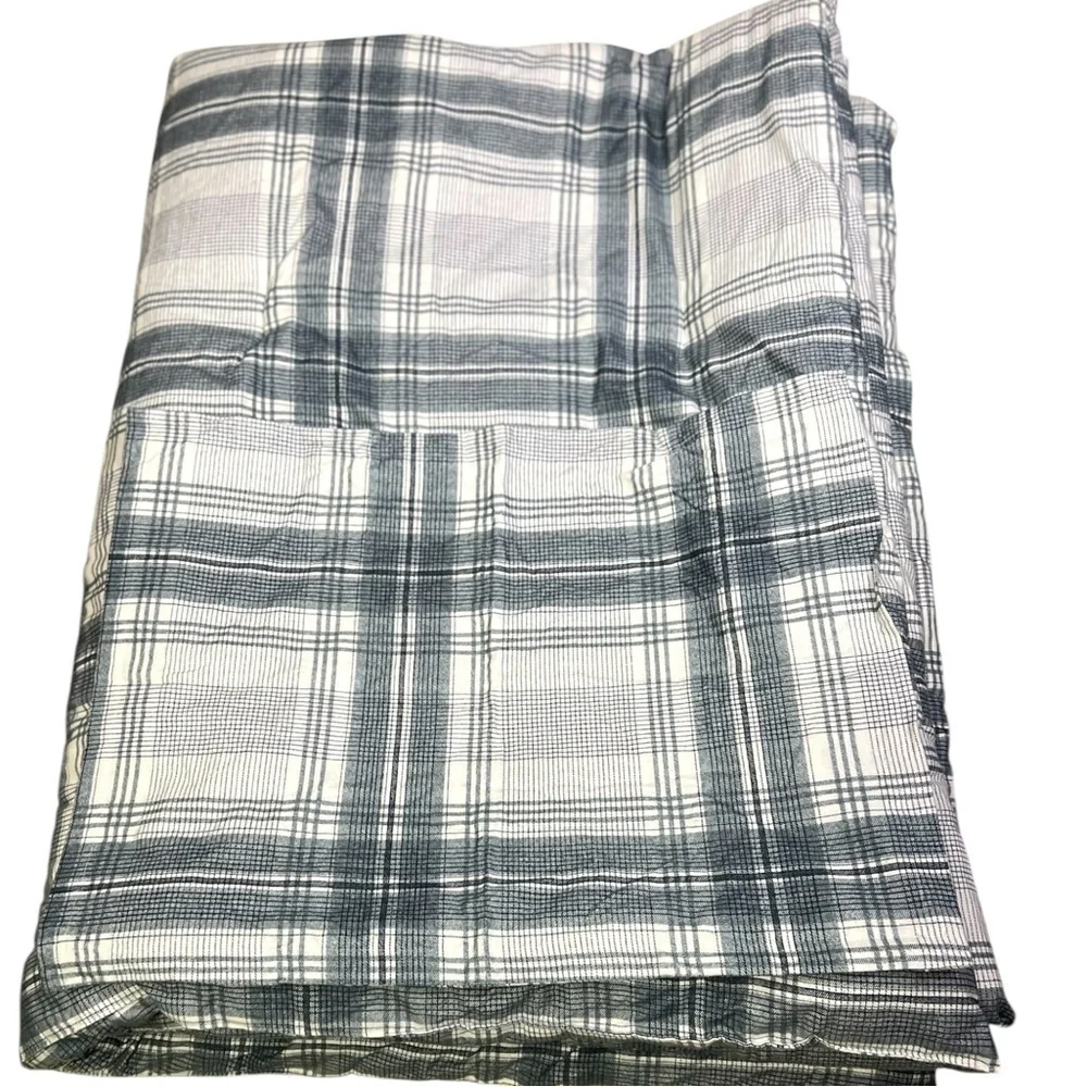 Brooks Brothers Twin Plaid Cotton Flannel Comforter And Sham Gray White EUC